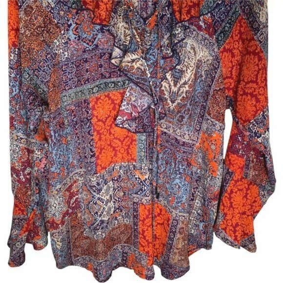 New Directions Boho Patchwork Blouse Large V-Neck Bell Sleeve Fall Top - Picture 4 of 10